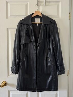 Black Faux Leather Trench Coat with Zip Pockets